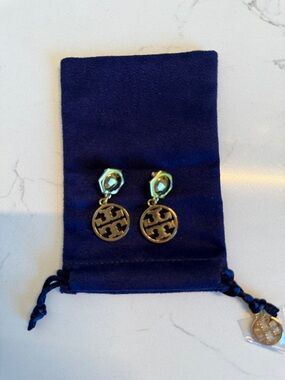 Tory Burch Gold Logo Drop Earrings with Iridescent Tops